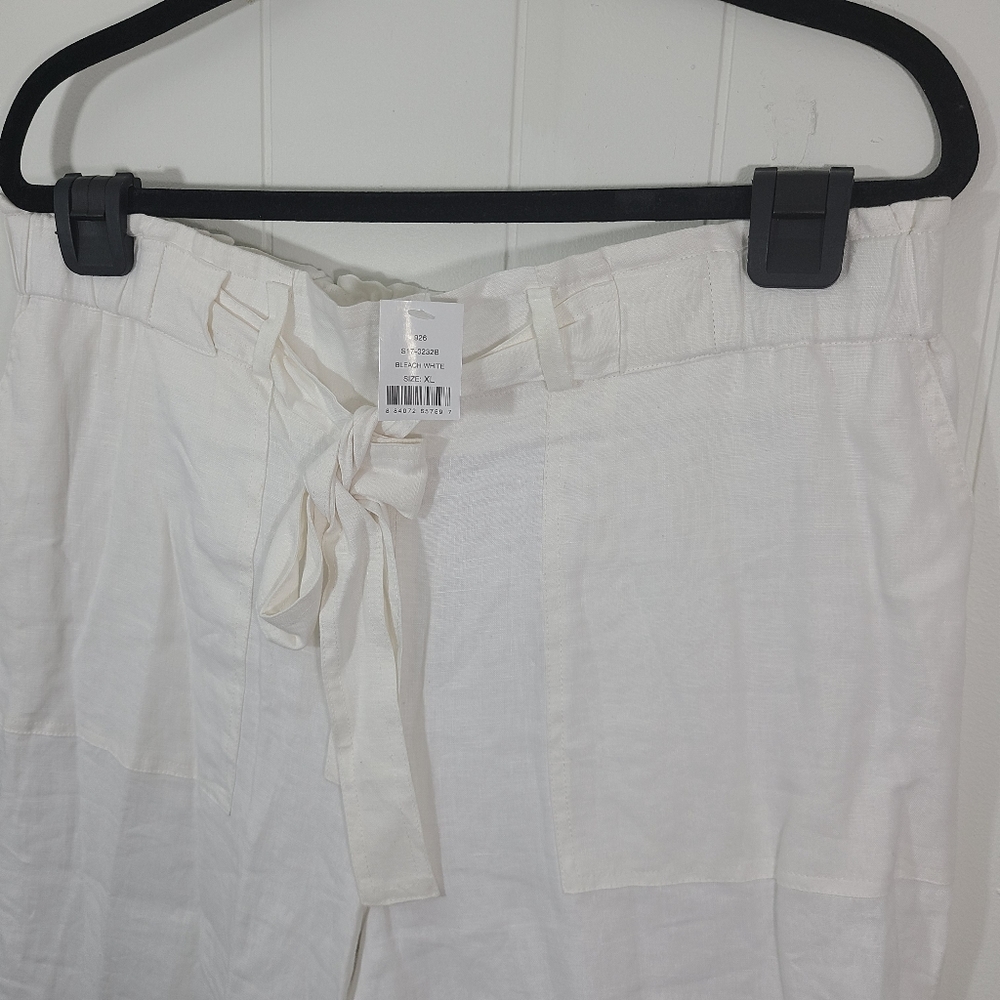 Saks Fifth Avenue Pants Linen Wide Leg Tie Waist Lagenlook Crop Ankle Off White - Picture 2 of 8